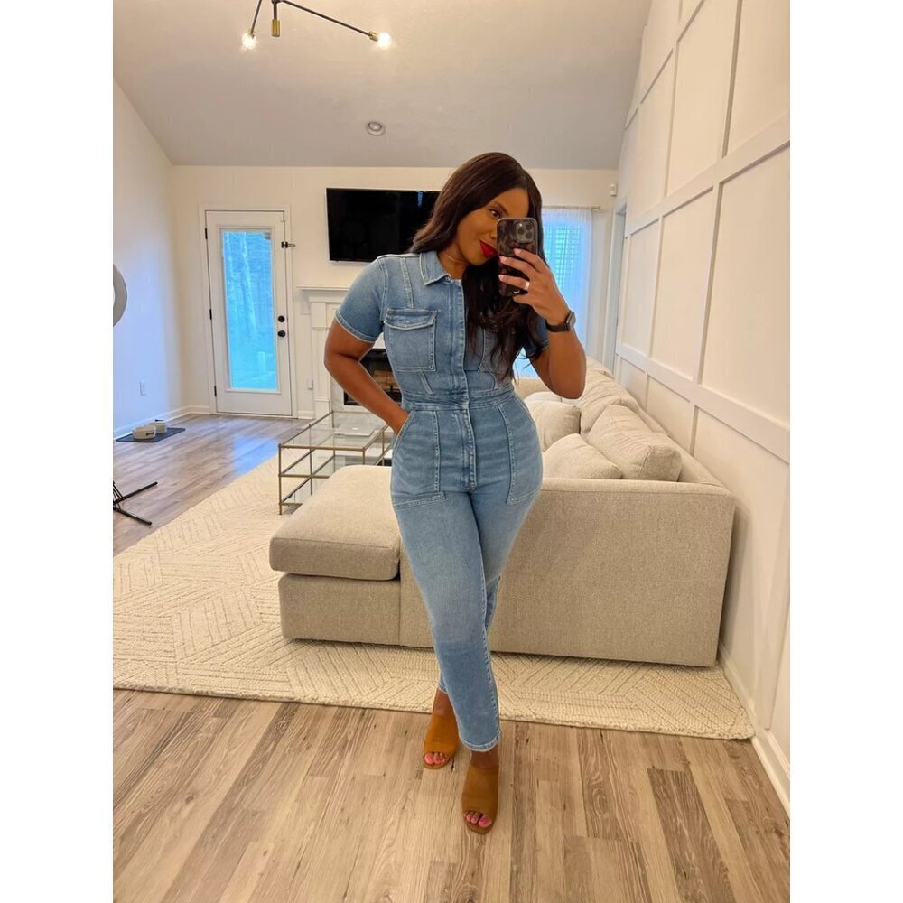 Short-Sleeve Light Blue Denim Jumpsuit